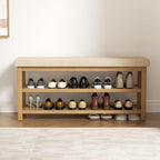 2 Tier Shoe Rack Bench with Cushion, Rubberwood Shoe Benches, Mid-Century Modern Shoe Storage Bench for Entryway, Hallway, Living Room, Closet, Front Door Entrance, Light Brown