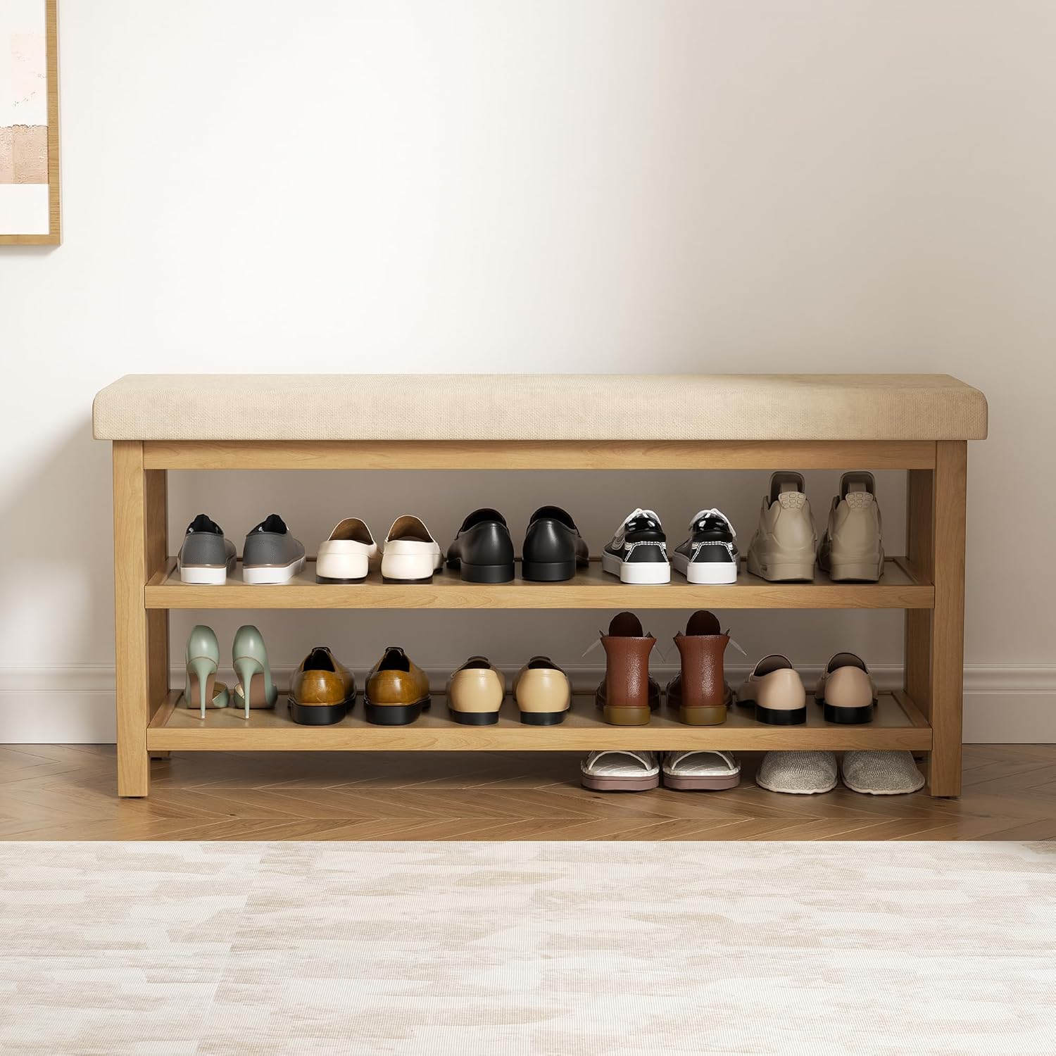 2 Tier Shoe Rack Bench with Cushion, Rubberwood Shoe Benches, Mid-Century Modern Shoe Storage Bench for Entryway, Hallway, Living Room, Closet, Front Door Entrance, Light Brown