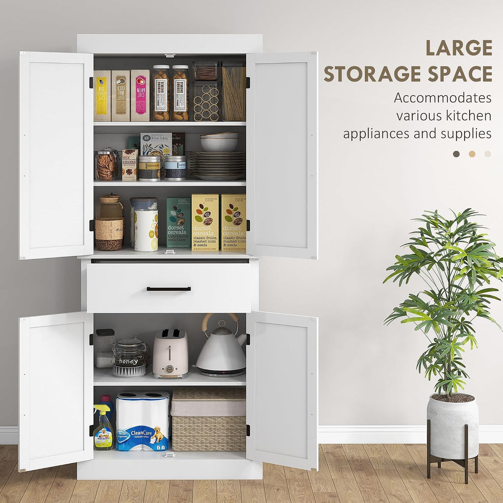 72" Tall Kitchen Pantry Storage Cabinet, Farmhouse Freestanding Kitchen Cabinet with 4 Barn Doors, Drawer, 5-Tier Shelf and Adjustable Shelves, White,15.8 * 30 * 72
