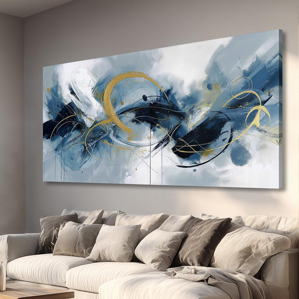BewDalky Navy Blue Yellow Abstract Canvas Wall Art Large Modern Watercolor Fluid Art Prints Minimalist Lines Circles Pictures Wall Decor Contemporary Artwork for Living Room Bedroom Office 23"x46"