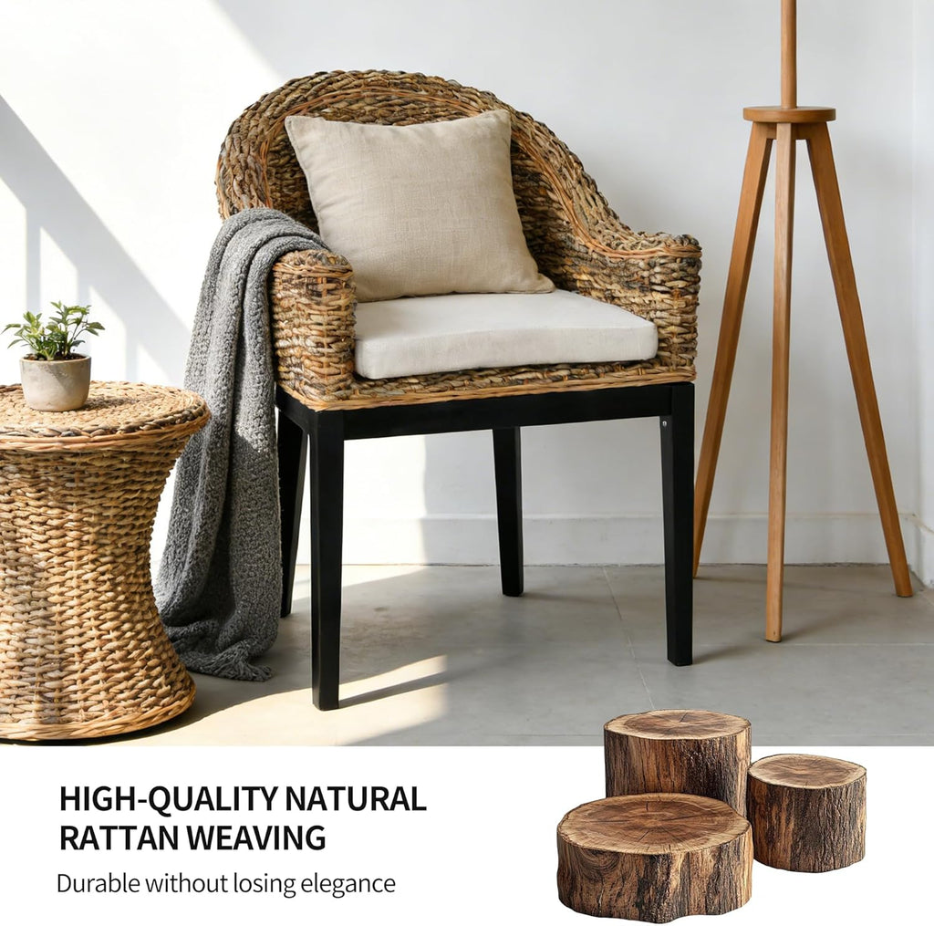 DUHOME Rattan Accent Chair - Modern Armchair with Natural Rattan Armrest, Black Solid Wood Legs & Inset Beige Cushion, Leisure Chair for Balcony Living Room