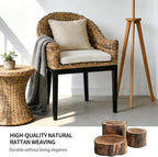 DUHOME Rattan Accent Chair - Modern Armchair with Natural Rattan Armrest, Black Solid Wood Legs & Inset Beige Cushion, Leisure Chair for Balcony Living Room