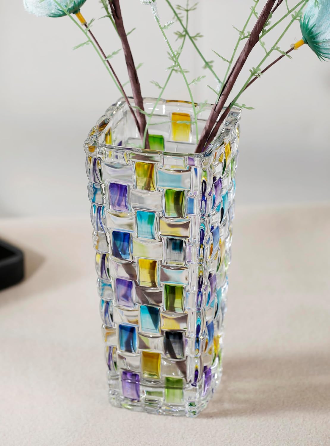 Magcolor Hand Painted Blue Woven Glass Vase -Crystal Flower Vase- 7.7 inch, Glass Plant Vase for Floral Arrangements, Centerpieces, Weddings, Housewarming, Centerpiece Home Deco.