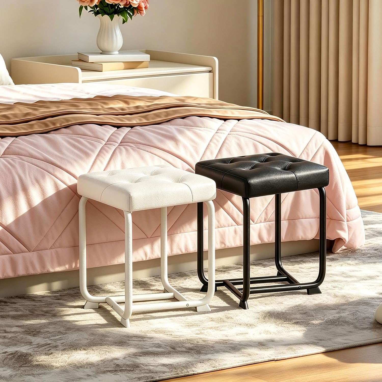 BEWISHOME White Vanity Chair, Leather Vanity Stool, Small Stool Chair for Vanity, Square Ottoman Foot Stool, Makeup Vanity Chairs with Thick Padded Seat for Bathroom, Bedroom, Entryway, KFD01W