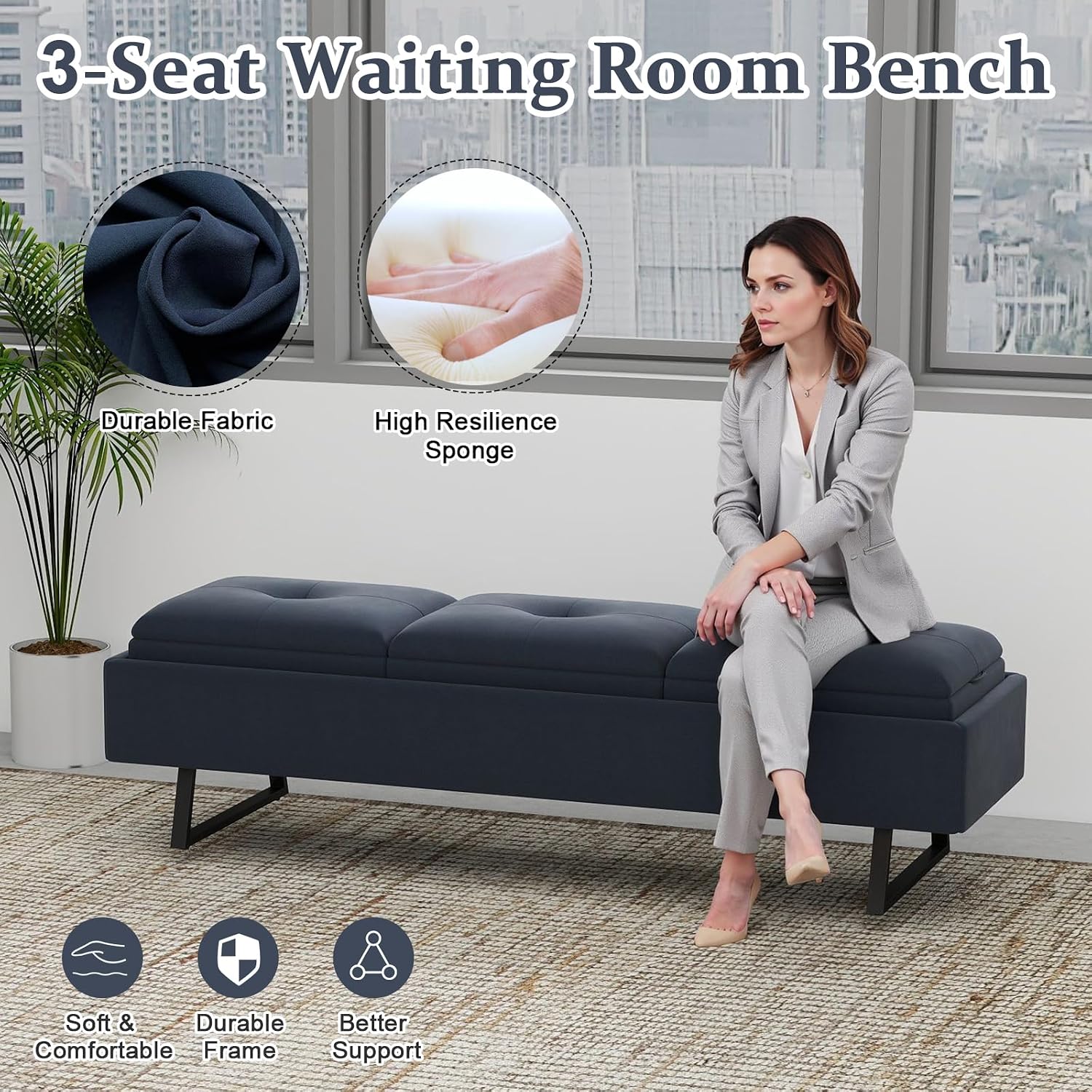 kinbor Waiting Room Chairs - Fabric Office Guest Chair, 3 Seats Upholstered Reception Bench Seating, Lobby Furniture for Salon and Shop, End of Bed Bench for Bedroom, Living Room, Hallway, Navy Blue