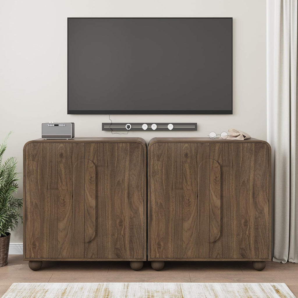 Smuxee Walnut Sideboard Cabinet, Freestanding Buffet Cabinet with Spherical Feet, Wood Storage Cabinet with Adjustable Shelf for Living Room, Entryway, Hallway