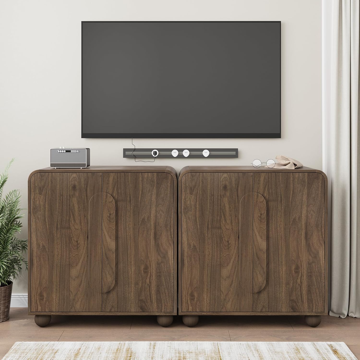 Smuxee Walnut Sideboard Cabinet, Freestanding Buffet Cabinet with Spherical Feet, Wood Storage Cabinet with Adjustable Shelf for Living Room, Entryway, Hallway