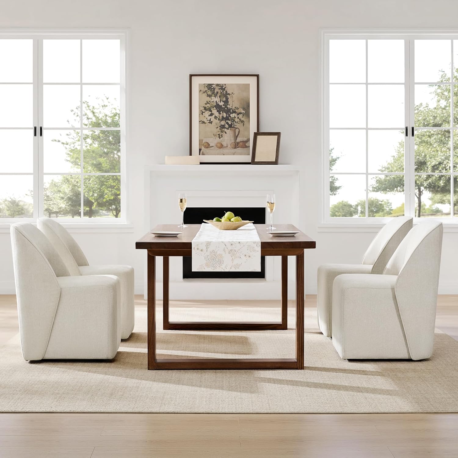 Watson & Whitely Upholstered Dining Chairs with Casters Set of 2, Armless Modern Rolling Dining Chairs with Removable Rollers, Fabric Dining Room Chairs for Bedroom, Living Room, Reading, Linen