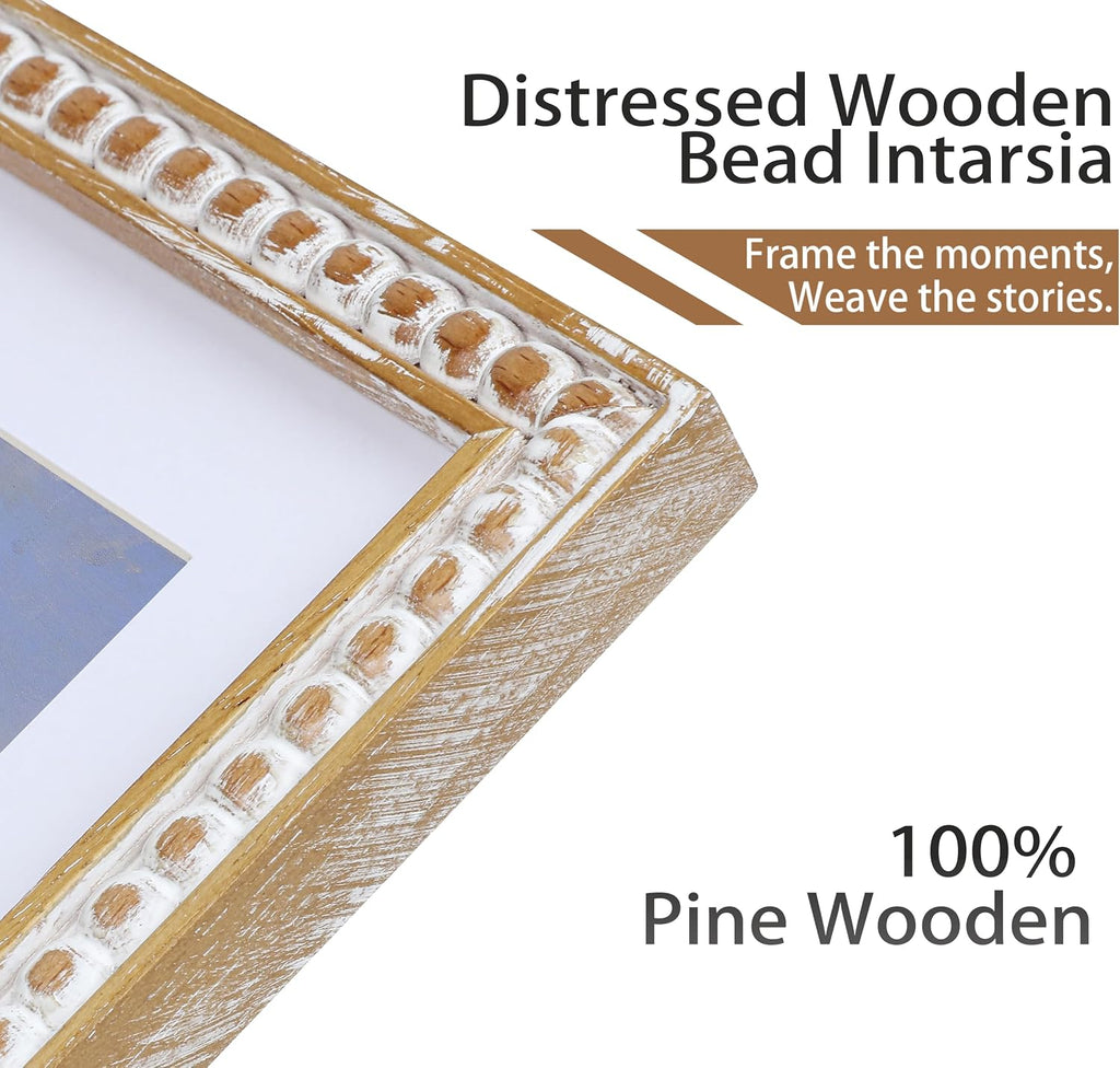 18x24 Rustic Picture Frame with Mat for 16x20, Farmhouse Boho Deco Distressed Beaded Wooden Plexiglass, Vertical or Horizontal Display Photo Gallery Poster Wall Mounting Frame, Natural