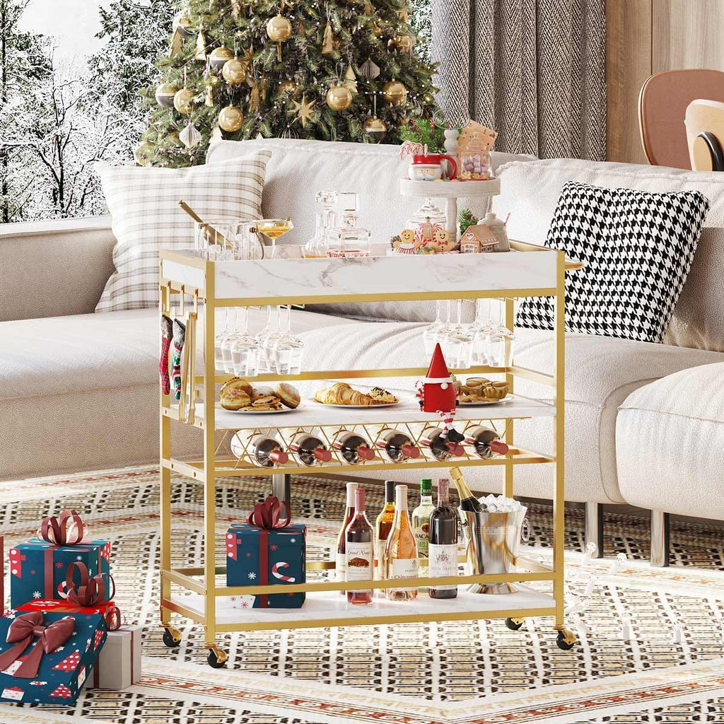BON AUGURE Bar Cart for The Home, Rolling Home Bar Serving Cart on Wheels, 3 Tier Mobile Liquor Beverage Carts with Wine Rack and Glass Holder (Gold & Marbleized White)