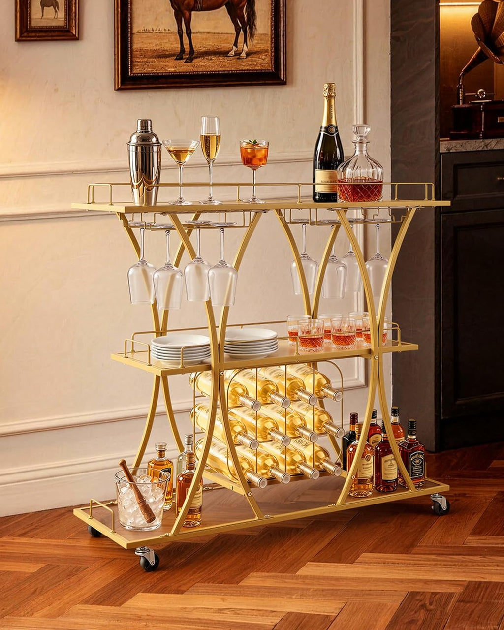VEVOR Bar Cart, 3 Tiers Home Kitchen Serving Carts, Modern Rolling Utility Station on Wheels, Drink Beverage Trolley with Tempered Glass Shelves, Wine Rack, Glass Holder, for Living Dining Room, Gold
