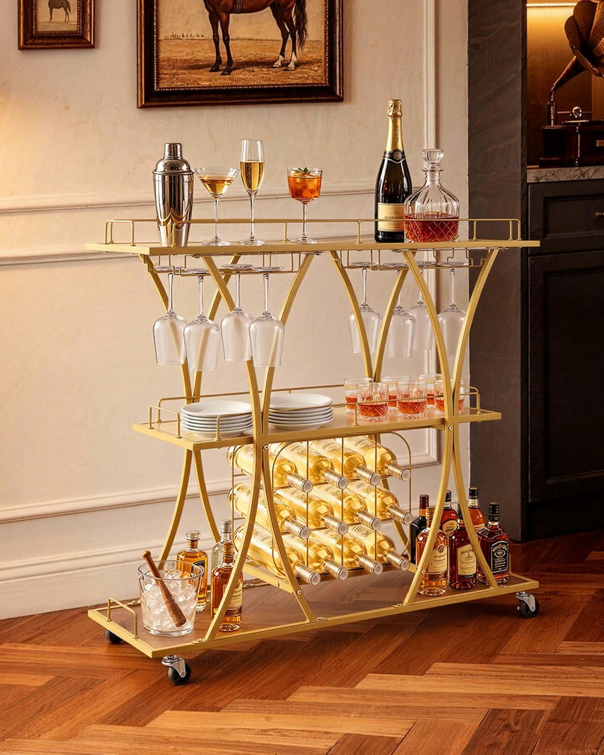 VEVOR Bar Cart, 3 Tiers Home Kitchen Serving Carts, Modern Rolling Utility Station on Wheels, Drink Beverage Trolley with Tempered Glass Shelves, Wine Rack, Glass Holder, for Living Dining Room, Gold