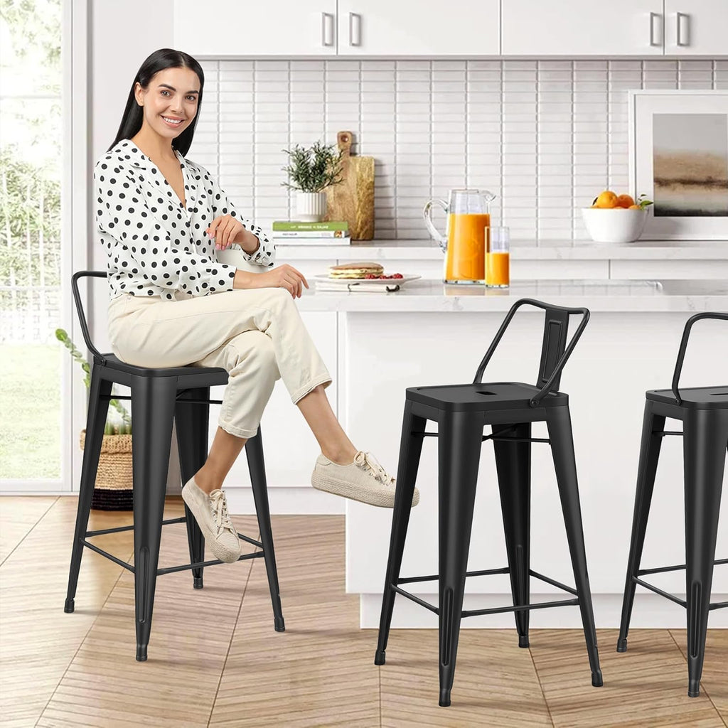 30 inch Metal Bar Stools Set of 4 Bar Height Stools with Backs Industrial Low Back Bar Chairs for Indoor Outdoor Matte Black