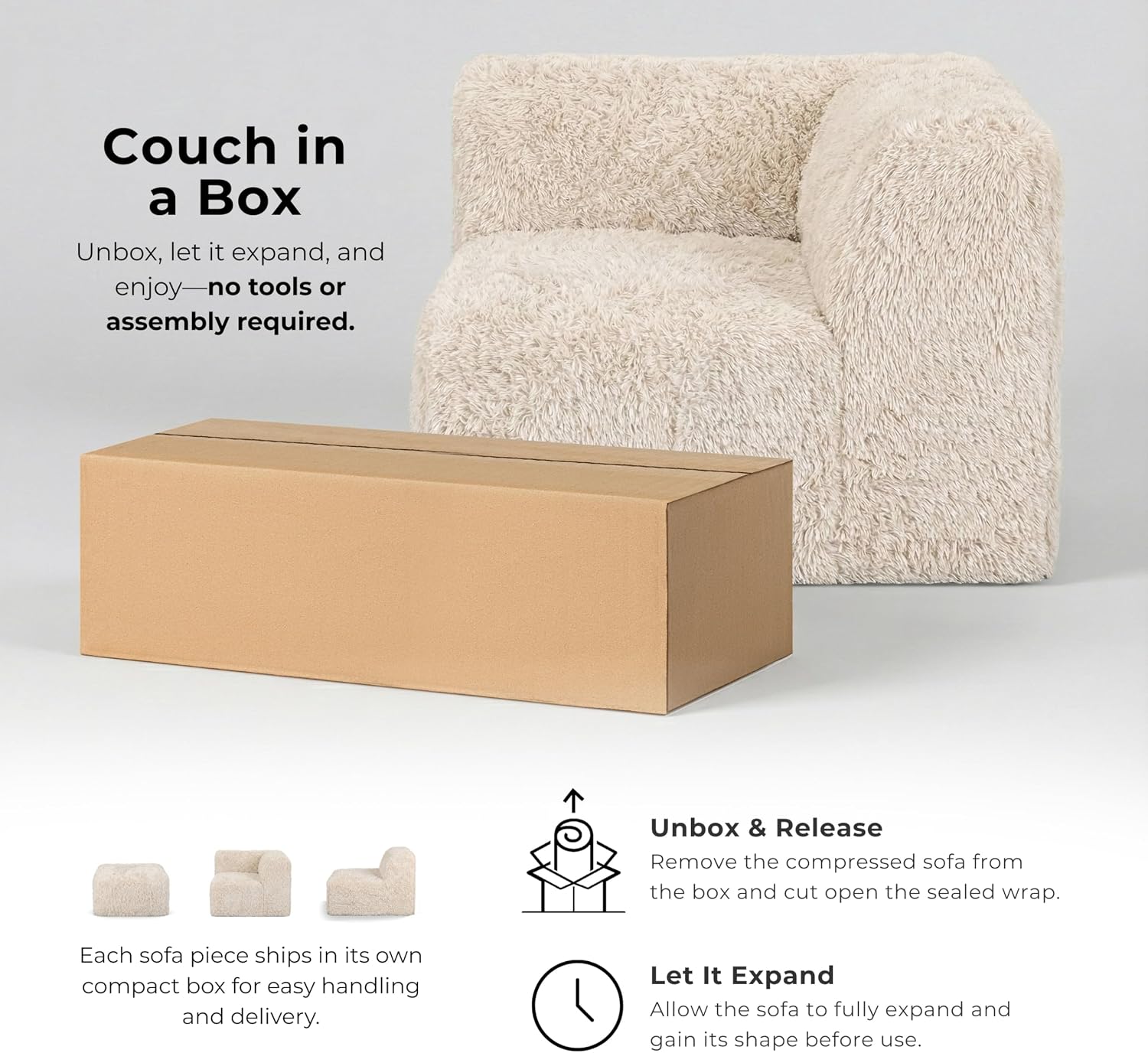 Furniture of America Havyn Modern Faux Fur 1-Seater Square Modular Foam Ottoman, Compressed Couch in a Box, No Assembly Required, for Living Room and Office, Sand