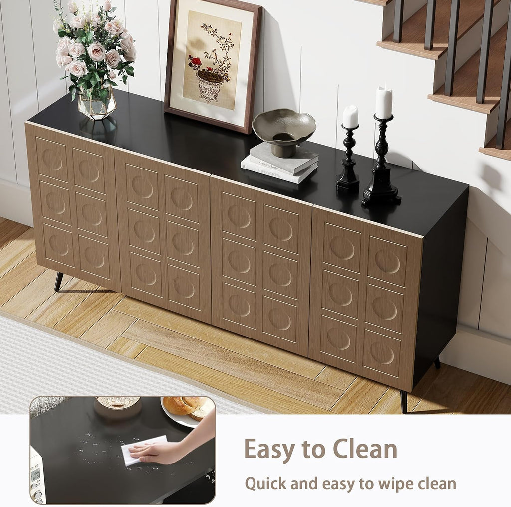Sideboard Buffet Cabinet with Storage: 63" Black and Oak Mid Century Modern Credenza with 4 Doors, Large Fluted Sideboard Accent Cabinet for Living Room