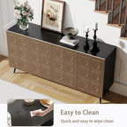 Sideboard Buffet Cabinet with Storage: 63" Black and Oak Mid Century Modern Credenza with 4 Doors, Large Fluted Sideboard Accent Cabinet for Living Room