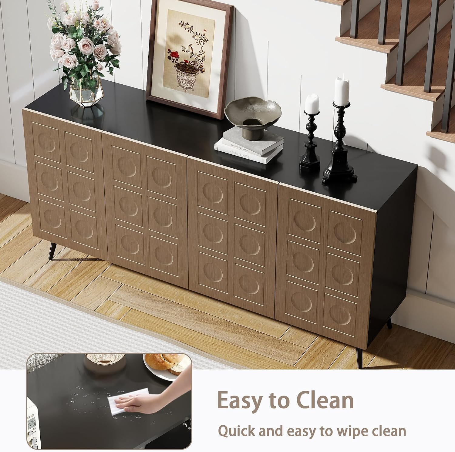 Sideboard Buffet Cabinet with Storage: 63" Black and Oak Mid Century Modern Credenza with 4 Doors, Large Fluted Sideboard Accent Cabinet for Living Room