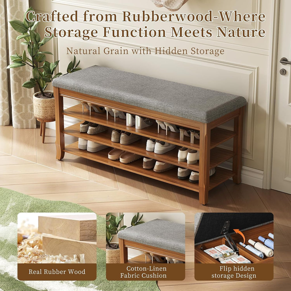 SolidWood Entryway Shoe Storage Bench, Flip-Top Soft-Close Lid, Adjustable Shelves, Cushioned Entryway Shoe Rack Organizer,Hallway, Closet, Foyer 39.4''