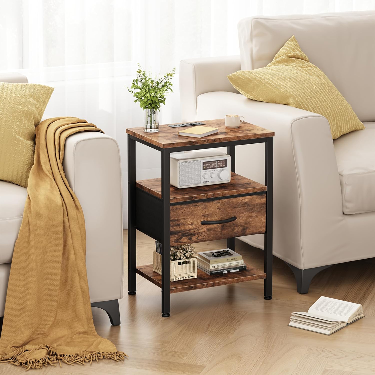 DUMOS Bedside Table with Charging Station and an Adjustable Fabric Drawer, and it is a Compact Nightstand, as Well as a 3-Tier Storage Organizer and an End Table for Bedroom, Brown