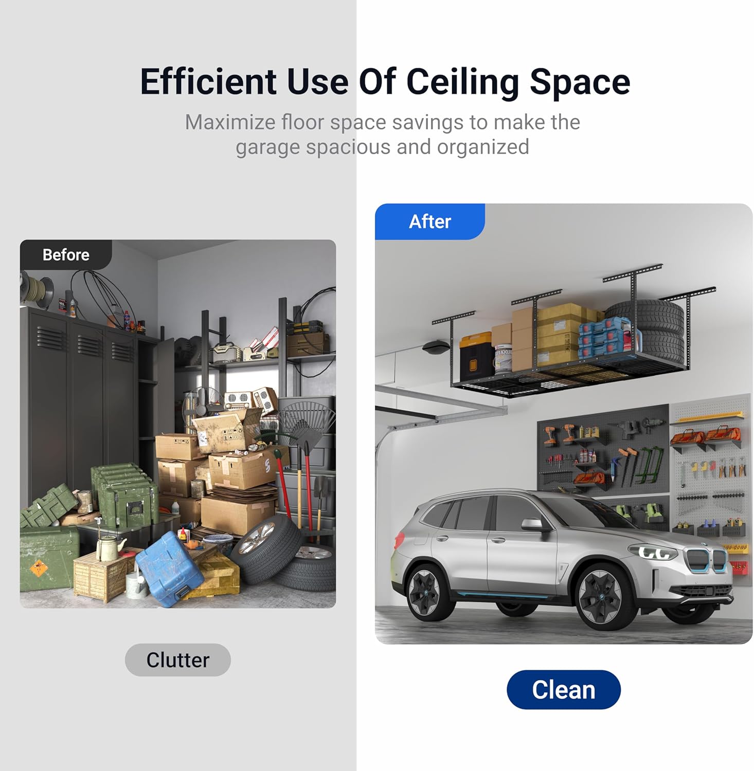 FLEXIMOUNTS 3x8 Overhead Garage Ceiling Storage Rack, Adjustable Garage Organization System, Heavy Duty Metal, 750lbs Weight Capacity, Hammertone, Classic Series