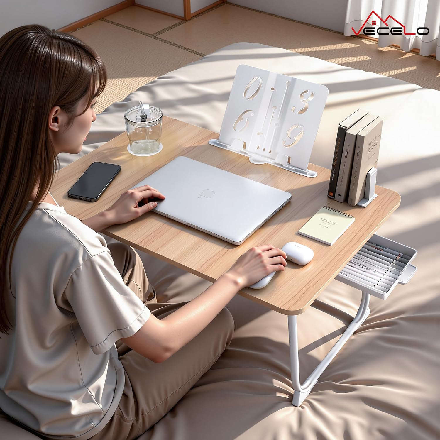 VECELO Low Table, Folding Table, Width 27.6 x Depth 18.9 x Height 11.8 inches (70 x 48 x 30 cm), Oak Bed Table, Mini Table, Non-slip, Drawers, Recessed Groove, Book Stand, Lightweight, Multifunctional
