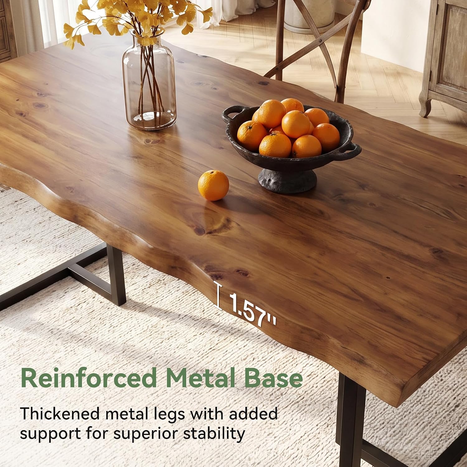 63" Solid Wood Dining Table for 4–6, Rectangular Kitchen & Dining Room Table with Live-Edge Inspired Top, Industrial Dining Table with Heavy-Duty Metal Frame