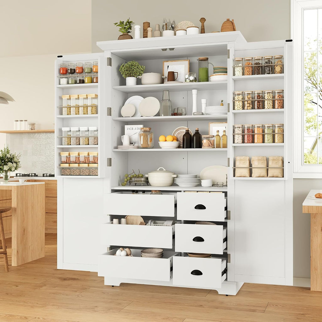 Shaker Style Kitchen Pantry with Drawers, Freestanding Storage Cupboard with Door Shelves, Adjustable Shelves and Pull-Out Trays,for Dining Room (White-B)