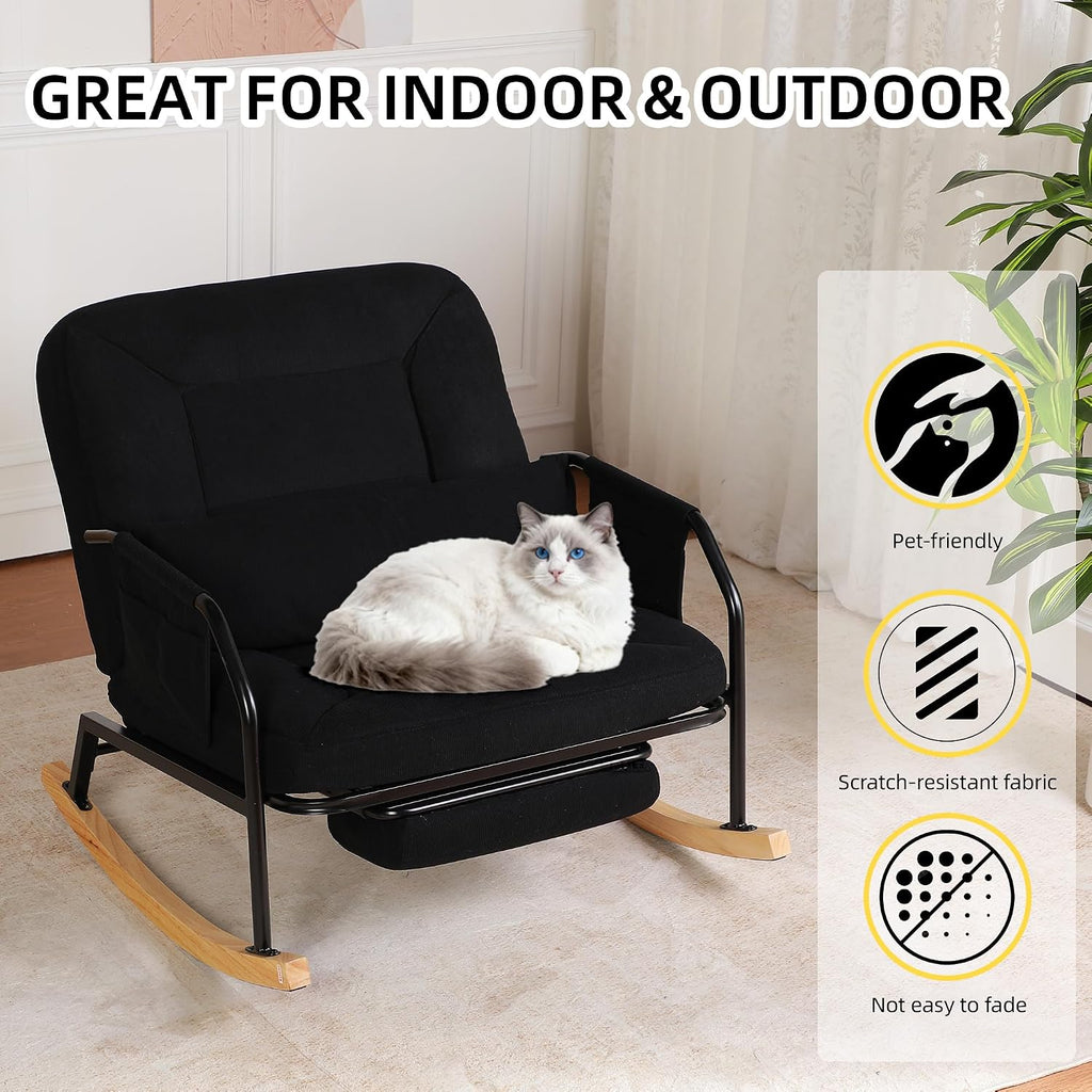 Oversized Reclining Rocking Chair with Foot Rest, 110°–160° Adjustable Backrest, Upholstered Armchair with Side Pocket for Nursery and Living Room, Black