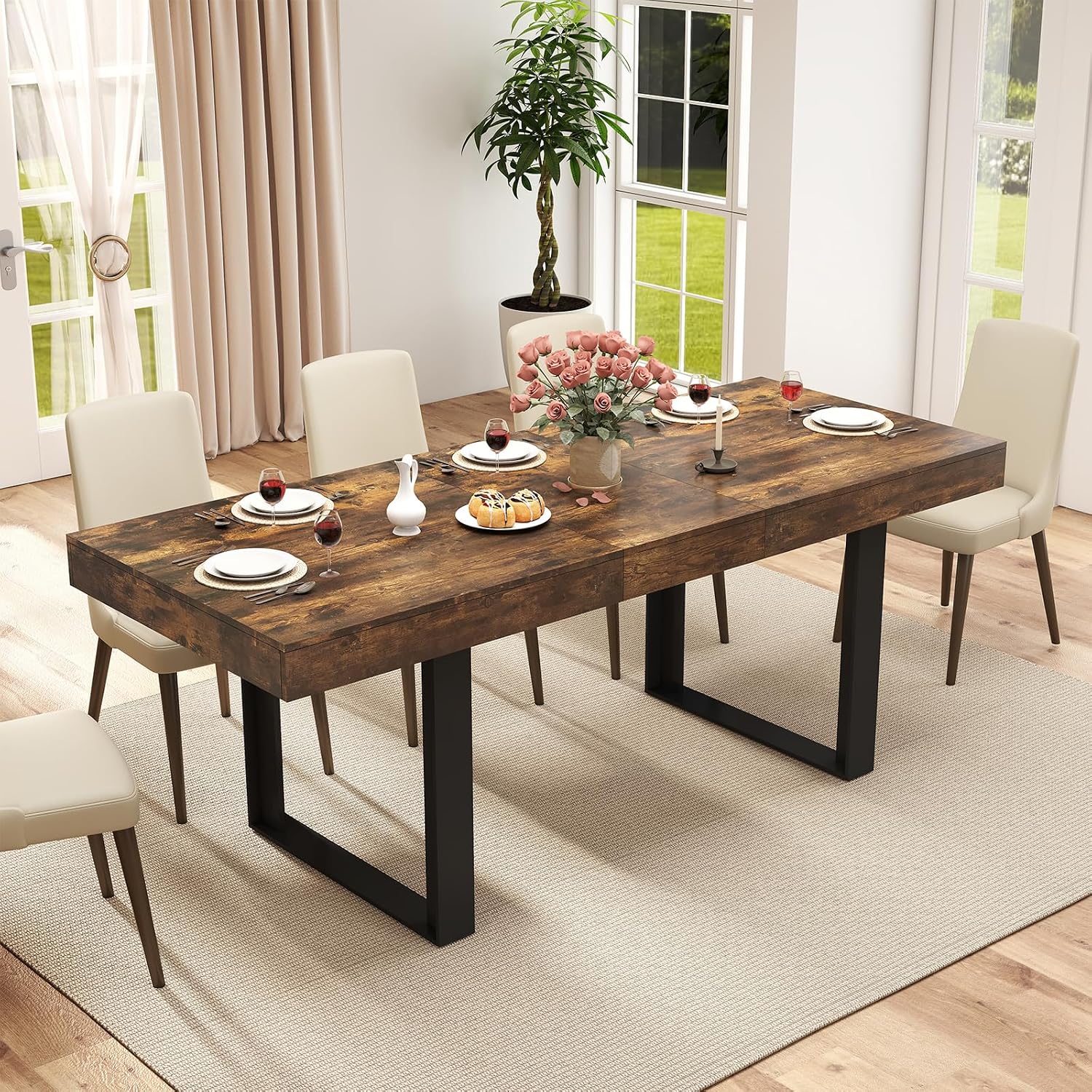 Zevemomo 63"-78.7" Rectangular Extendable Dining Table, 6-8 Extendable Dining Table, Conference Table, Kitchen Table with Slide Track, Tapered U-Shaped Wood Legs for Office, Living Room-Rustic Brown