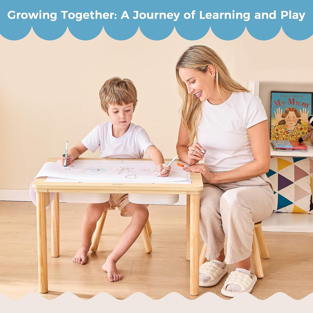 Bateso Sensory Table for Toddlers 1-3 with 2 Chairs & Roll Paper, Wooden Kid Activity Table Chair Set with Double-Sided Boards and 2 Storage Bins for Sand and Water Play