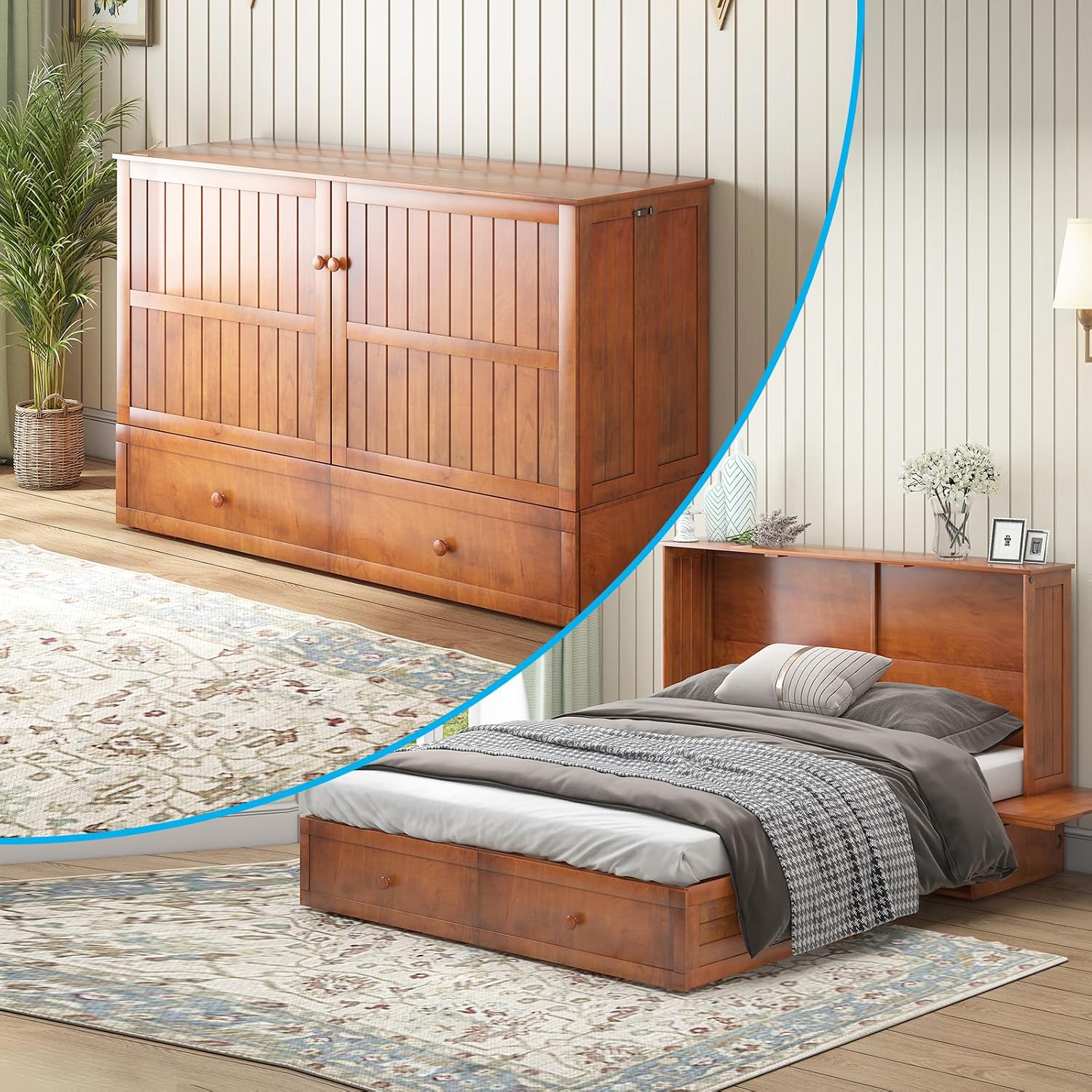 Mjkone Queen Size Murphy Cabinet Bed with Mattress Include, Queen Murphy Bed with Large Storage Drawer, Cabinet Cube Chest Beds with Built-in USB Charging Station for Bedroom Guest Room Stuido(Cherry)