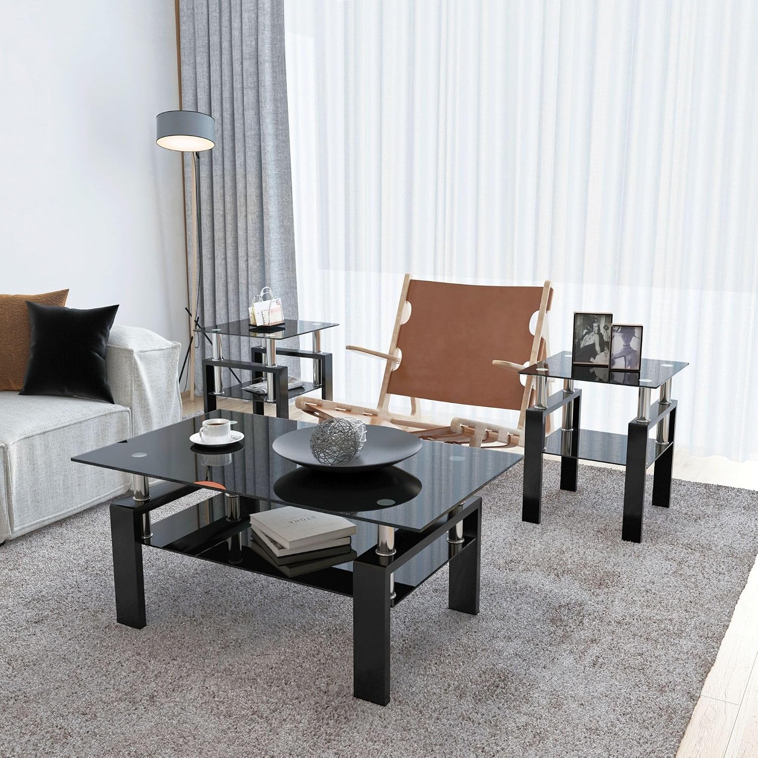 IANIYA 3 Piece Living Room Table Set, Modern Tempered Glass Coffee Table Set, Glass Coffee Table Black Metal Frame End Table for Living Room Apartment Small Space