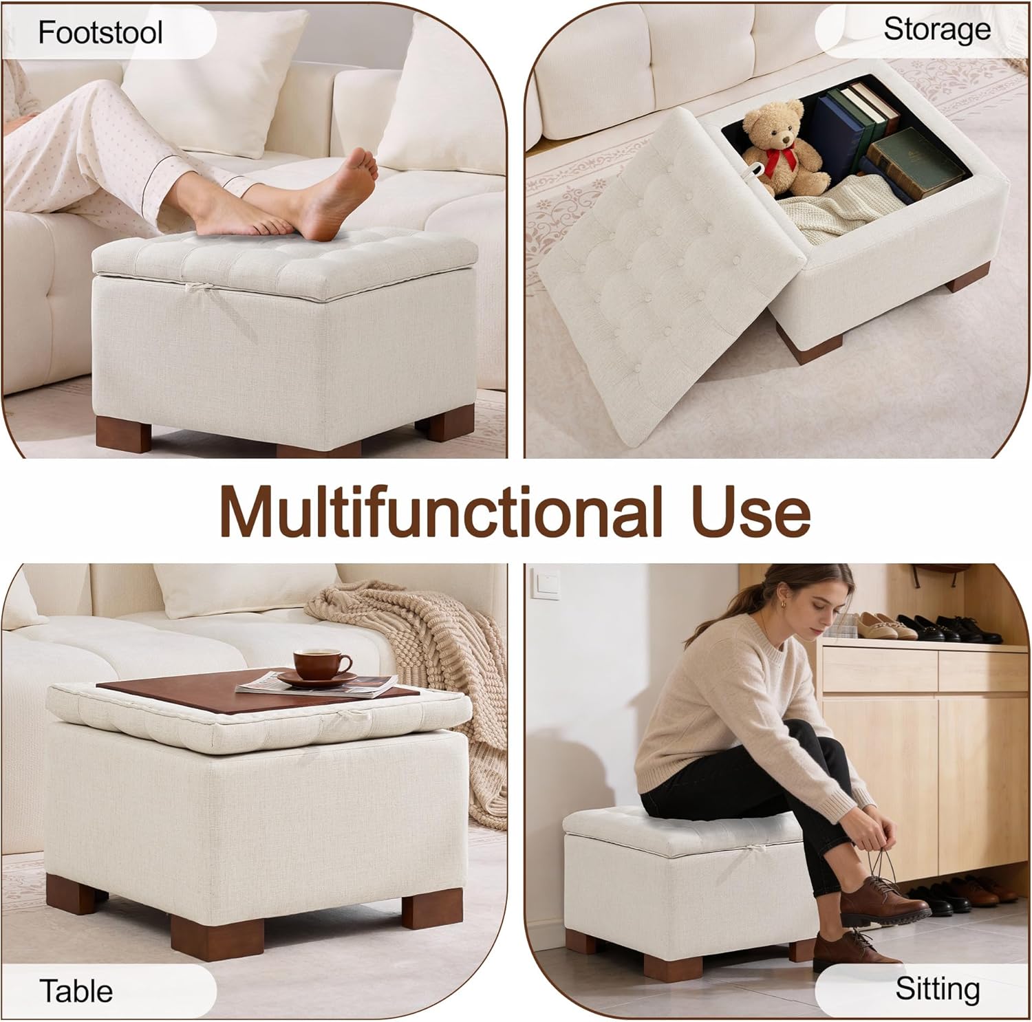 WUTUTUEE 24" Square Fabric Storage Ottoman with Wooden Tray Top, Modern Tufted Button Upholstered Footstool Coffee Table, Multifunctional Small Storage Ottoman for Living Room Bedroom, Beige