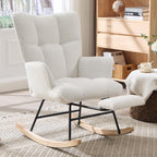 Nursery Rocking Chair with Footrest, Teddy Upholstered Glider Rocker with Side Pocket, Leisure Rocker Chair with High Back, Recliner Rocking Chair, Accent Reading Chair for Bedroom (White)