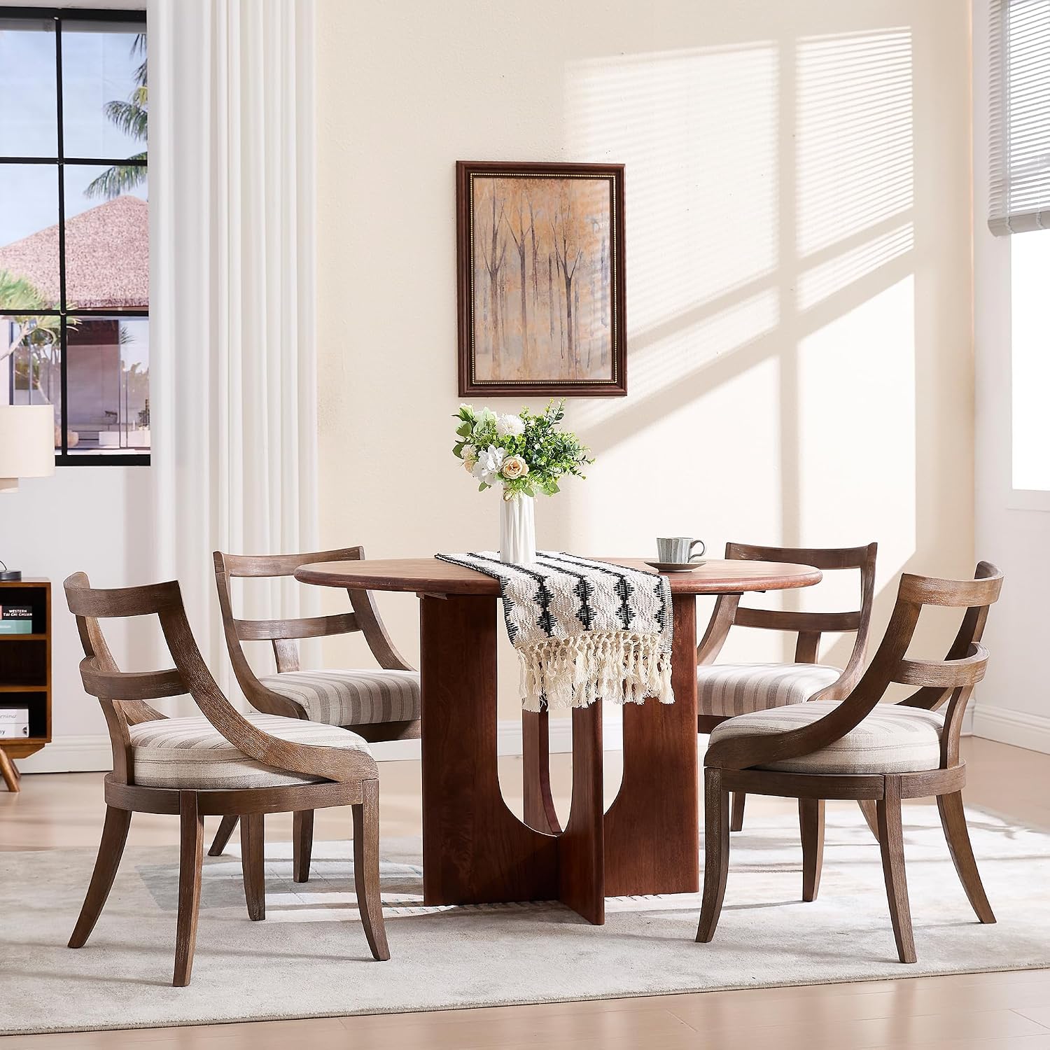 LZAREAL Modern Farmhouse Dining Chairs Set of 4 Mid Century Upholstered Dining Chair with Wooden Curved Back Kitchen Chairs for Dining Room Restaurant Cafe, Brown Walnut Colored-Linen Khaki Stripe