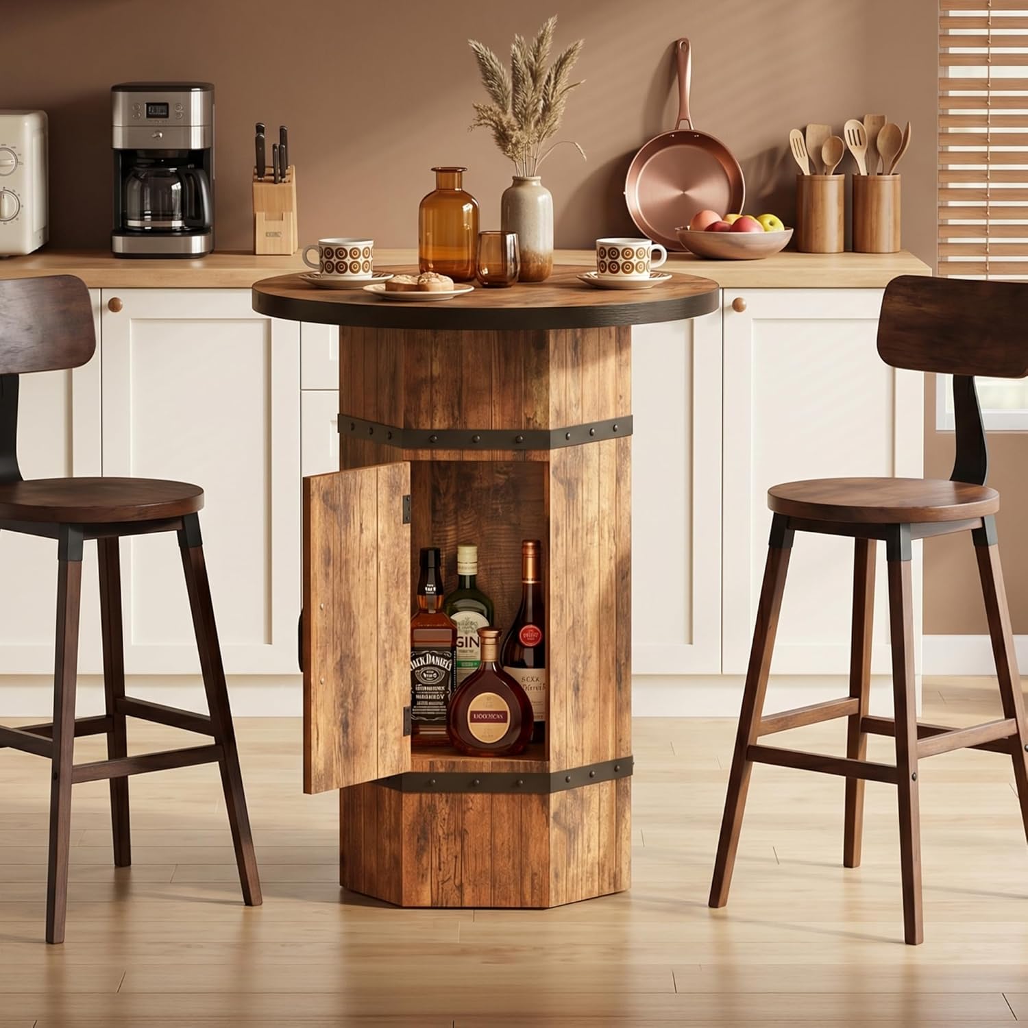 Round Bar Table with Hidden Storage, 39.4" H Bar Height Pub Table with Sturdy Barrel-Inspired Base, Rustic Industrial Bistro Cocktail Table for Pub, Kitchen, Home Bar, Apartment (Table Only)