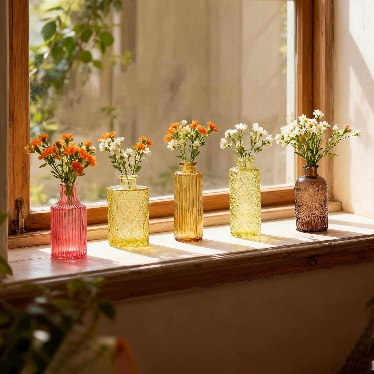 Colored Glass Vases Bulk 32 Pcs - Assorted Vintage Bud Vases for Wedding Centerpieces, Rustic Embossed Glass Bottles for Table Decor, Home Floral Arrangements with Gold Series (2-6 Inch)