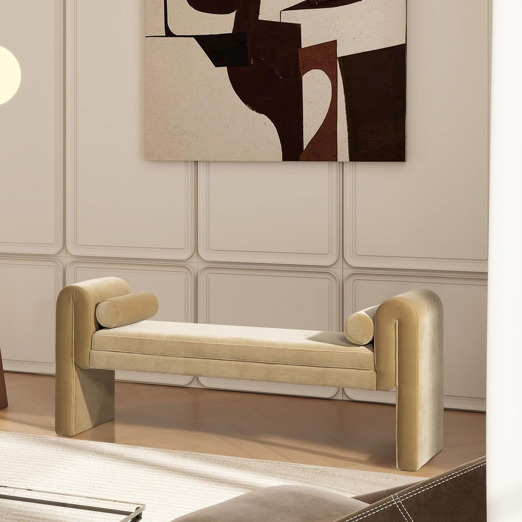 60.5" Arched Arm Bench with Bolster Pillows, Camel Brown Beige Performance Velvet