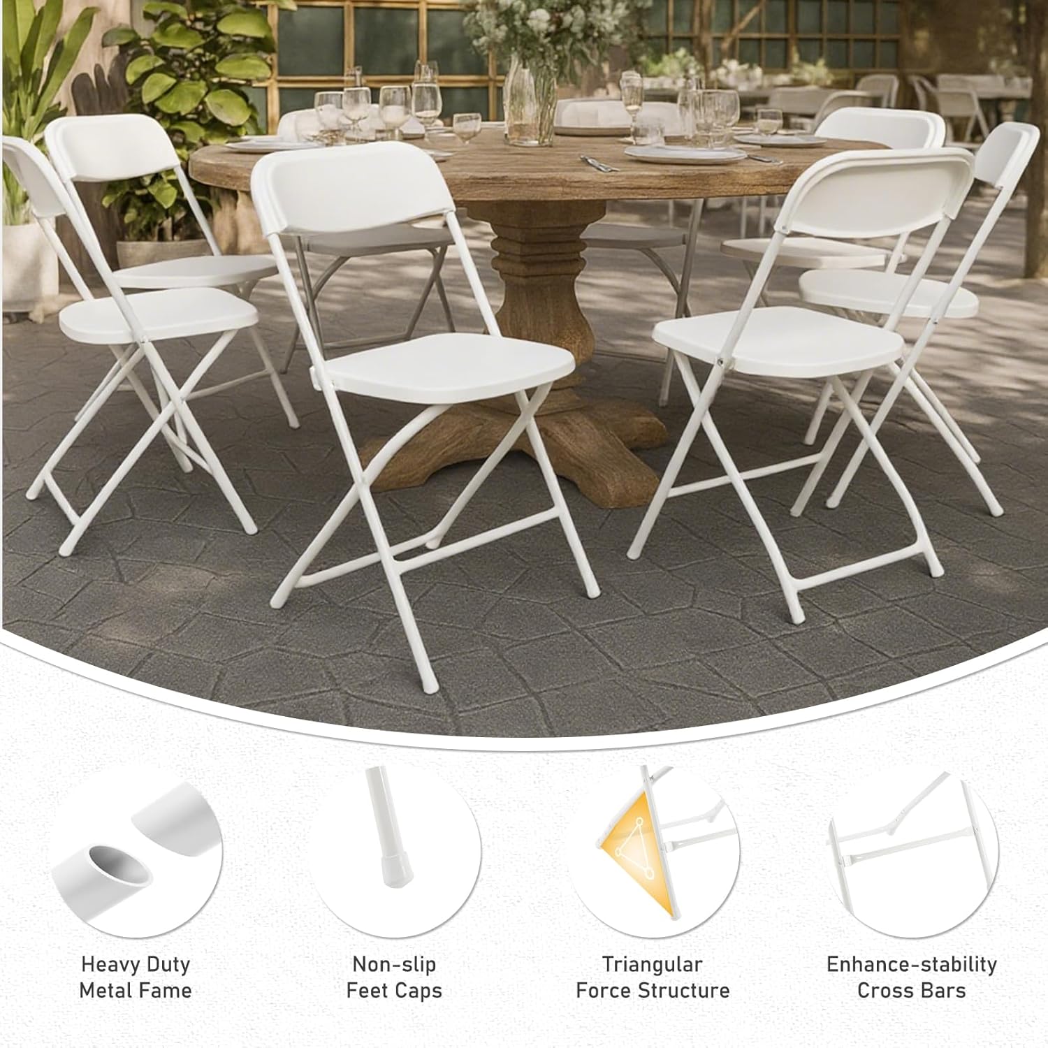 10 Pack White Plastic Folding Chairs Indoor Outdoor Portable Stackable Commercial Seat with Steel Frame Heavy Duty Foldable Chair for Events Office Wedding Party Dining 350lbs Capacity