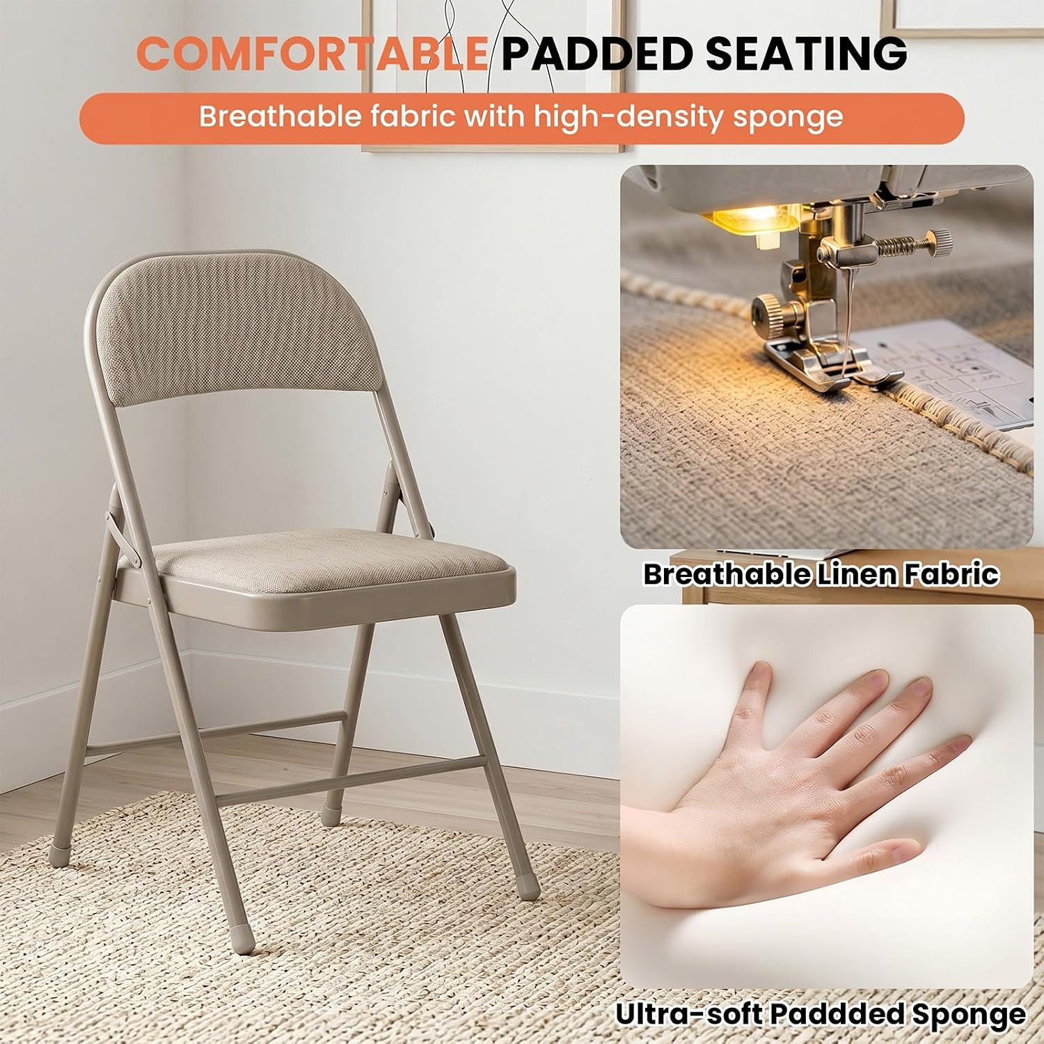 8 Pack Folding Chairs, Fabric Dining Chair Set with Padded Cushion and Back, Indoor Outdoor Seat for Home Office, Parties, Events, Wedding, Extra Guest Seating, Desert Khaki