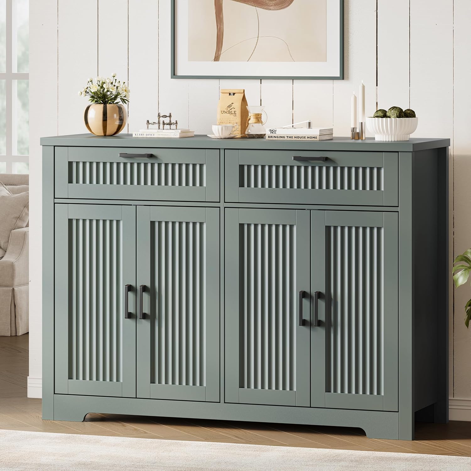 Fluted Buffet Sideboard Cabinet with Storages, Modern Buffet Table with 2 Drawers & 4 Doors, Wood Coffee Bar Console Table with Adjustable Shelves for Kitchen, Living Room, Dining Room, Green