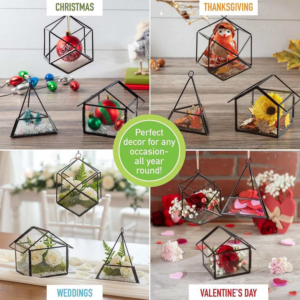 D'Eco Glass Mini Geometric Plant Terrariums 3 Pack - Triangle, House & Prism Planters for Spring Home Decor - Fill with Succulents, Cacti, Air Plants, Moss, Flowers for Plant Lovers