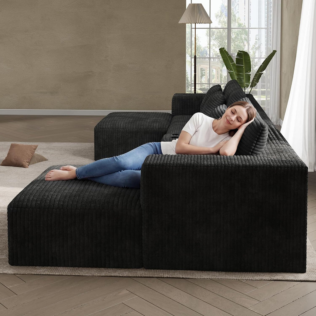 151" U Shaped Cloud Sectional Couch Modular Sofa, Comfy Oversized Boneless Couches for Living Room, Plush Corduroy Sectional Sofa Set with Ottoman Storage Console USB, Olive Dark Gray