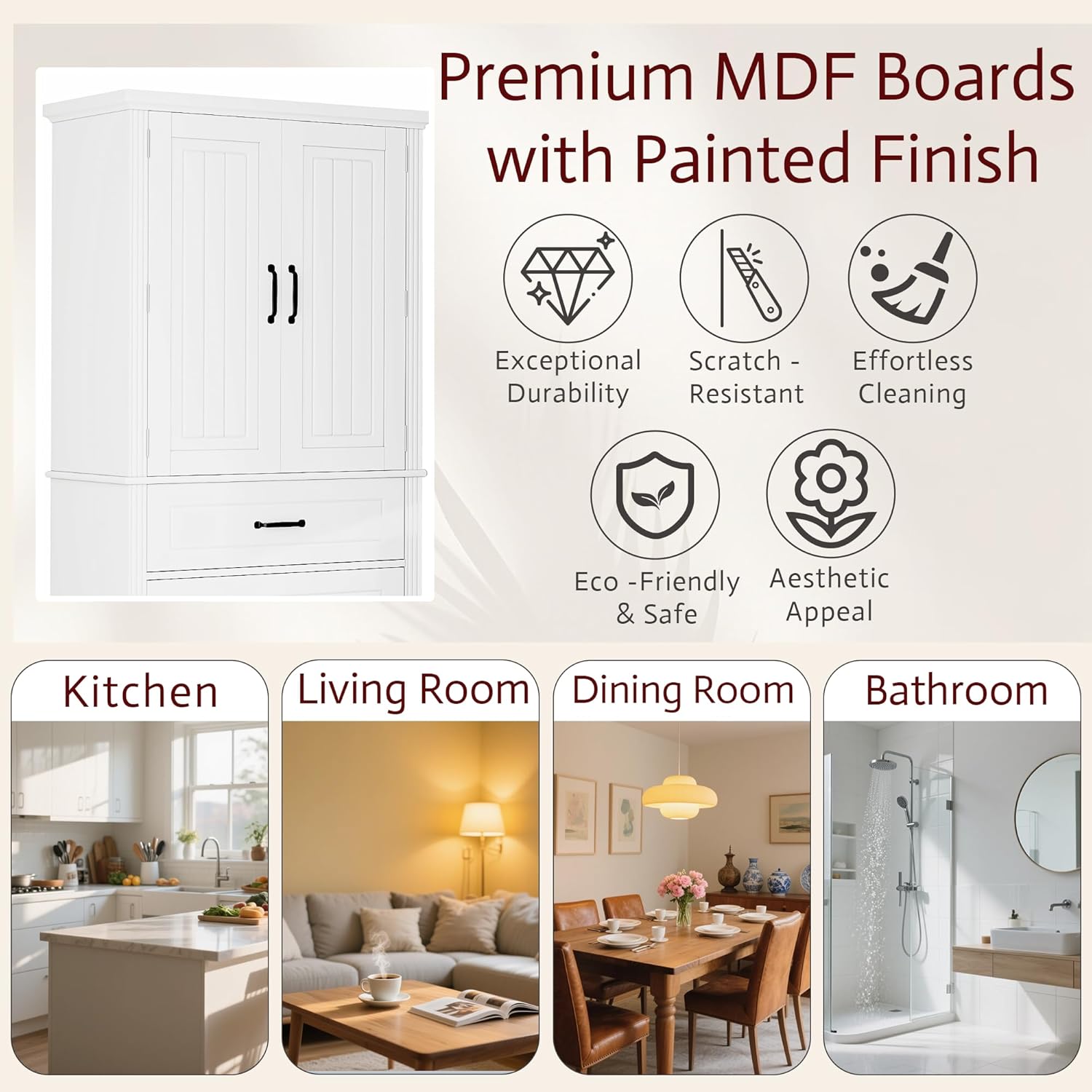 73 Inch Bathroom Storage Cabinet with Door Shelves, White | White MDF, bathroom kitchen or dining room, door shelves, adjustable shelf, lower compartments, anti-tip devices, 72.5 in H
