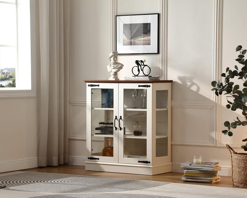 FOREST GRAVITY 31.5'' Small Display Buffet Cabinet with LED and Glass Doors for Great Showcase,Small Coffee bar Cabinet with one Adjustable,Modern Sideboard Buffet for Kitchen,Antique White