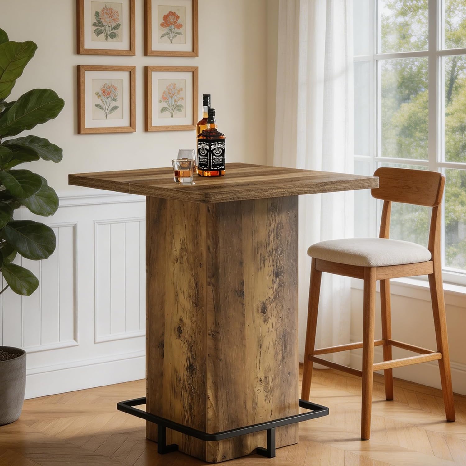 Tribesigns 39.37" Bar Height Table, Square Pub Table with Built-in Metal Footrest Ring, Sturdy Bistro Design for Kitchen, Home Bar, Small Space, Rustic Wood Grain