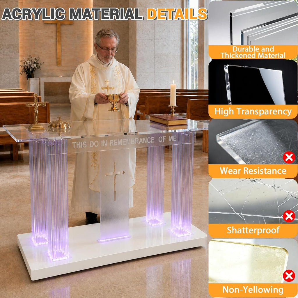 Clear Acrylic Holy Communion Table, Church Altar Table with LED Color Changing Lights & Remote Control, Mobile Worship Table with 4 Swivel Casters , Engraved Cross & Scripture for Church & Home Use