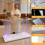 Clear Acrylic Holy Communion Table, Church Altar Table with LED Color Changing Lights & Remote Control, Mobile Worship Table with 4 Swivel Casters , Engraved Cross & Scripture for Church & Home Use