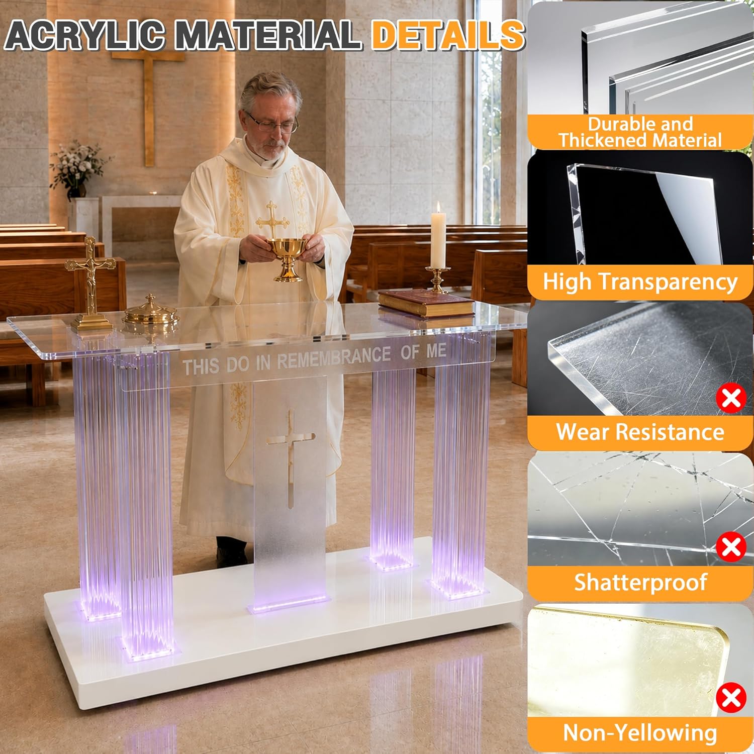 Clear Acrylic Holy Communion Table, Church Altar Table with LED Color Changing Lights & Remote Control, Mobile Worship Table with 4 Swivel Casters , Engraved Cross & Scripture for Church & Home Use