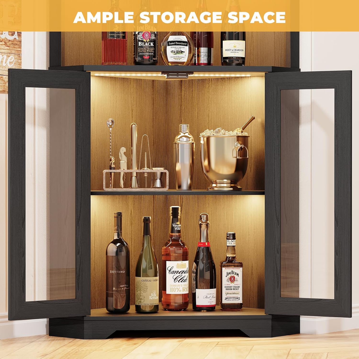 Corner Bar Cabinet with LED Lights, 65" Tall Wine Cabinet with Glass Holder & Tempered Glass Door, 4-Tier Liquor Alcohol Cabinet & Coffee Bar with Human Body Sensor for Dining Room, Black